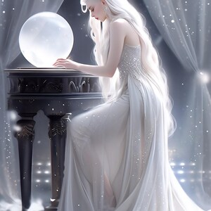 May include: A woman with long white hair and a white gown is seen next to a glowing crystal ball. The scene is set in a mystical, ethereal environment with soft lighting and a dark table.