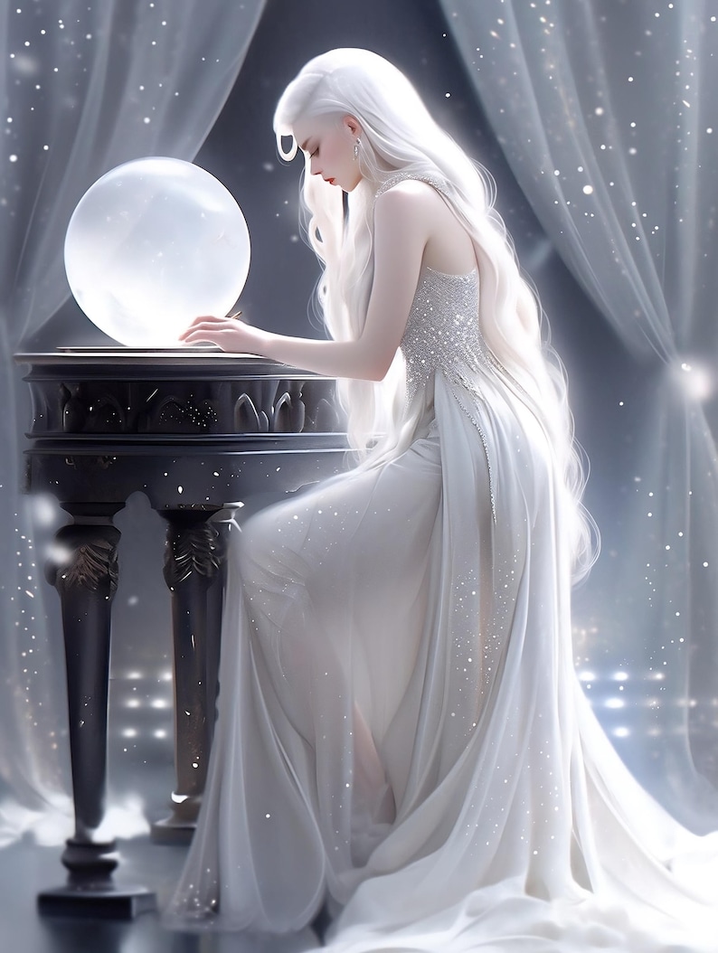 May include: A woman with long white hair and a white gown is seen next to a glowing crystal ball. The scene is set in a mystical, ethereal environment with soft lighting and a dark table.