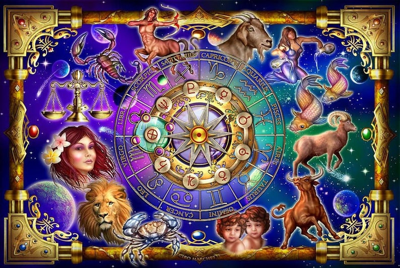 May include: A vibrant illustration featuring the twelve zodiac signs arranged around a central wheel. Each sign is represented by its symbol and a corresponding image, set against a starry, blue background with gold accents.