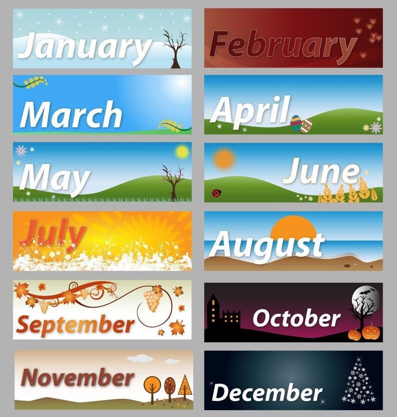 May include: A collection of twelve rectangular banners, each representing a month of the year. Each banner features the month's name in white, with seasonal illustrations such as snowflakes, flowers, and autumn leaves. The backgrounds vary with colors and imagery.