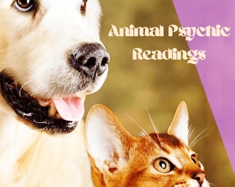 May include: A golden retriever and a ginger cat are featured in a promotional image. The dog is on the left, with its mouth open and tongue visible. The cat is on the bottom right. The text "Animal Psychic Readings" is in the upper right corner.