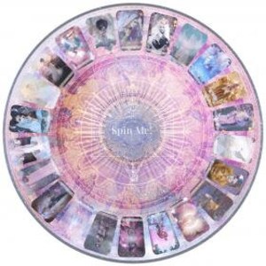 May include: Circular divination board with a light purple and pink design. The board features a central design with the text "Spin Me" and is surrounded by 20 rectangular card slots, each containing a unique image. The overall aesthetic is mystical.