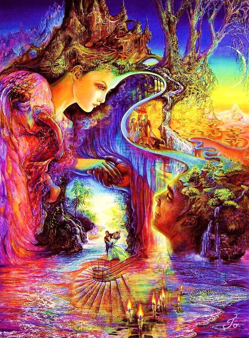 May include: A vibrant, surreal painting depicts two figures reaching for each other, surrounded by a dreamlike landscape. The artwork features a cascade of colors, including blues, purples, and oranges, with a couple dancing and a path leading to a castle.