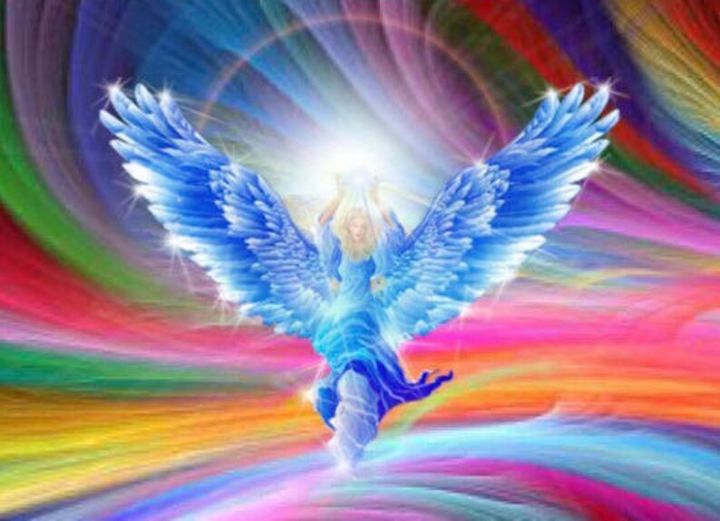 May include: An ethereal image of an angel with large, bright blue wings, set against a vibrant, multicolored background. The angel is depicted in flowing blue robes, radiating light. The artwork evokes themes of spirituality and fantasy.