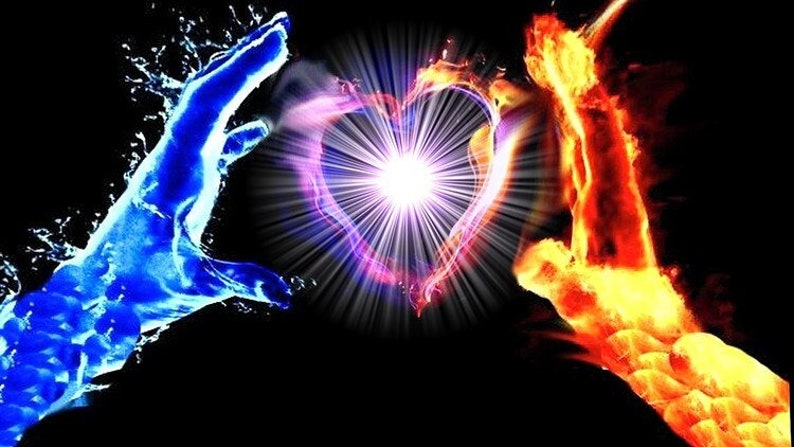 May include: Digital art depicting two hands, one formed of blue water and the other of fire, converging to create a heart shape. A bright light emanates from the center of the heart against a black background.