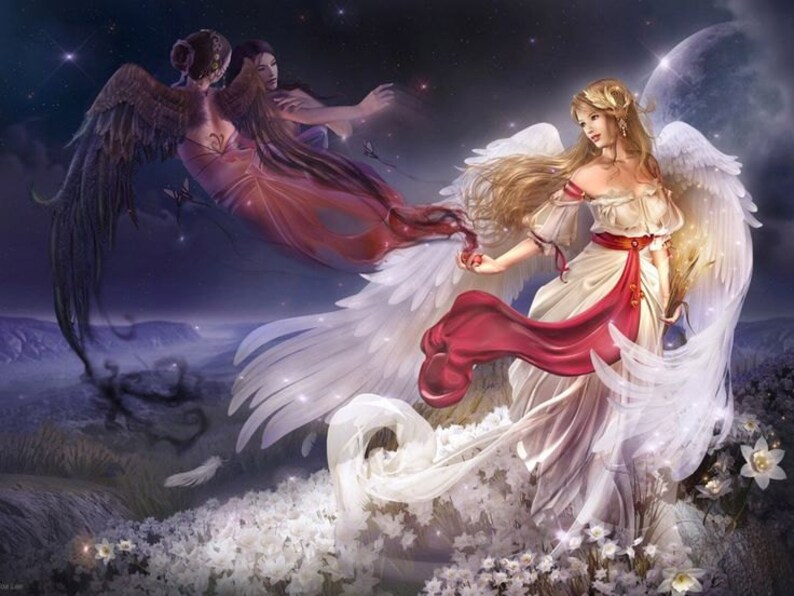 May include: Digital art depicting two angels with flowing white and red gowns, and large feathered wings. One angel is in the foreground, holding a bouquet of wheat. The background features a starry night sky and a field of white flowers.