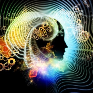 May include: An abstract digital art piece featuring a silhouette of a head with swirling lines and gears. The artwork uses a palette of gold, yellow, green, and blue against a black background, suggesting concepts of thought and innovation.