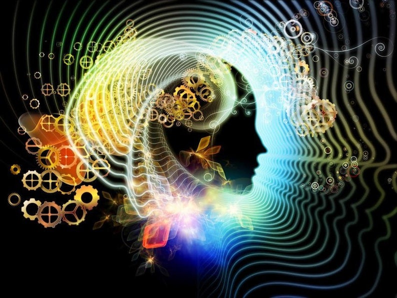 May include: An abstract digital art piece featuring a silhouette of a head with swirling lines and gears. The artwork uses a palette of gold, yellow, green, and blue against a black background, suggesting concepts of thought and innovation.
