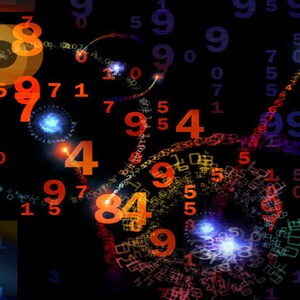 May include: Abstract digital art with a black background featuring a swirling pattern of orange, red, and blue numbers. The numbers are of varying sizes and fonts, creating a dynamic and complex visual.