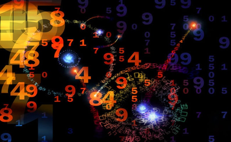 May include: Abstract digital art with a black background featuring a swirling pattern of orange, red, and blue numbers. The numbers are of varying sizes and fonts, creating a dynamic and complex visual.