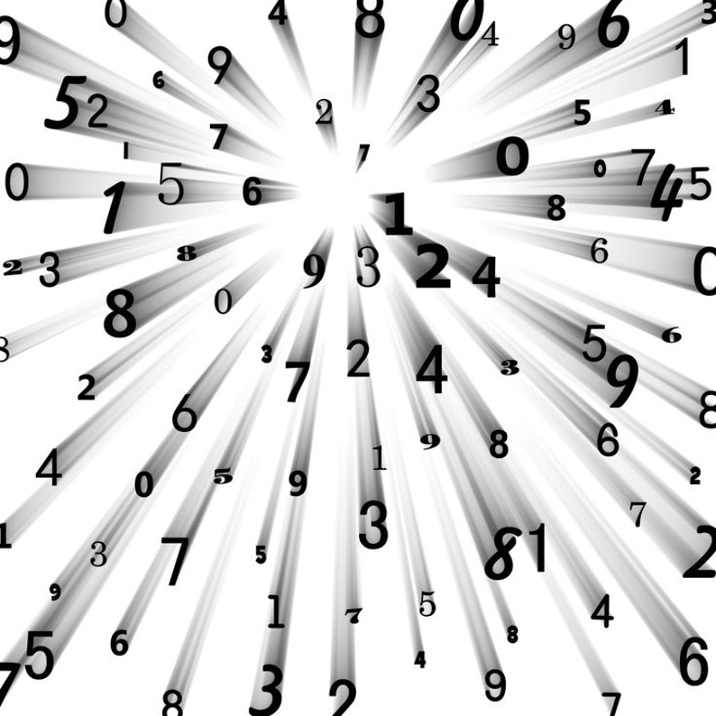 May include: Abstract digital art with a white background featuring black numbers radiating outwards from a central point. The numbers are of varying sizes and are accompanied by blurred, light-gray streaks.