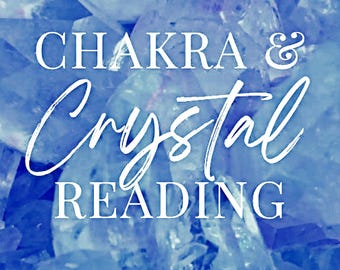 May include: A blue-toned image featuring the words "CHAKRA & Crystal READING" in white script and block letters. The background is a textured arrangement of light blue crystals, creating a mystical aesthetic.