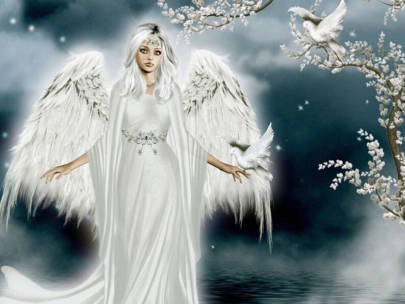 May include: Digital art of a woman dressed in a flowing white gown with large feathered wings. She is holding a white dove, with other doves and flowering branches in the background. The artwork has a soft, ethereal quality.