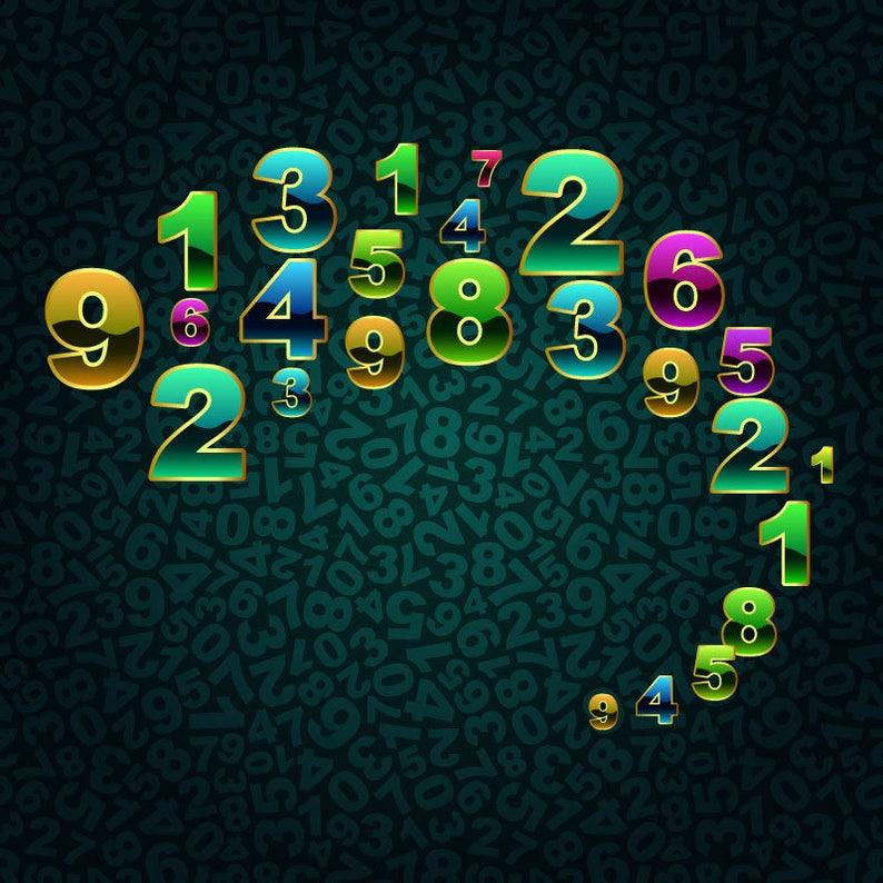 May include: A colorful illustration of numbers arranged in a spiral pattern. The numbers are in various colors, including green, blue, and gold, with a dark green background filled with smaller numbers.