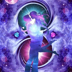 May include: An artistic illustration of a couple embracing, silhouetted against a cosmic background. The image features a vibrant color palette of purples, blues, and pinks, with a large moon and swirling galaxies. Two hearts float in the background.