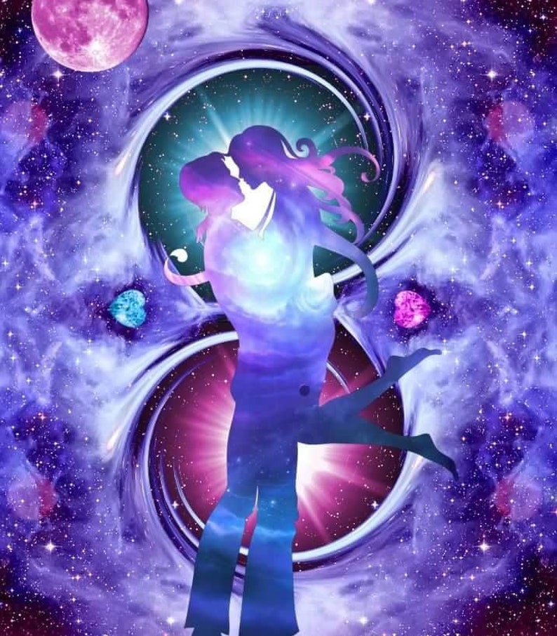 May include: An artistic illustration of a couple embracing, silhouetted against a cosmic background. The image features a vibrant color palette of purples, blues, and pinks, with a large moon and swirling galaxies. Two hearts float in the background.