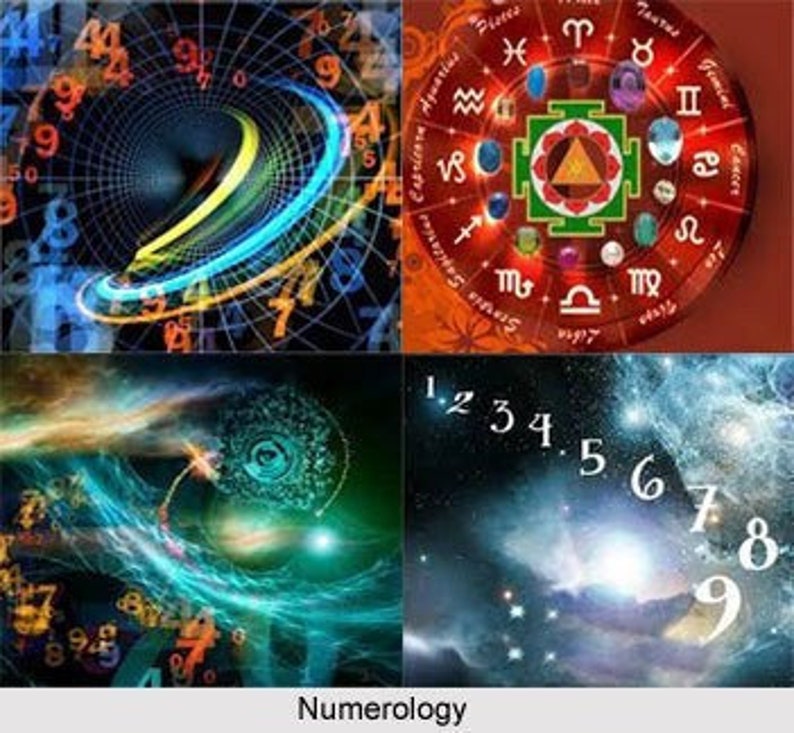 May include: A collage of four images related to numerology. The top left image shows a spiral with numbers and colorful light trails. The top right image is a red wheel with astrological symbols. The bottom images feature swirling colors and numbers.