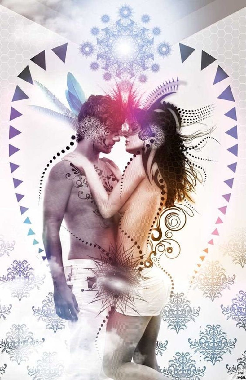 May include: Digital art print featuring a couple embracing, with intricate patterns and designs. The image has a soft, ethereal quality, with a focus on the figures and decorative elements. The color palette includes shades of purple, blue, and white.