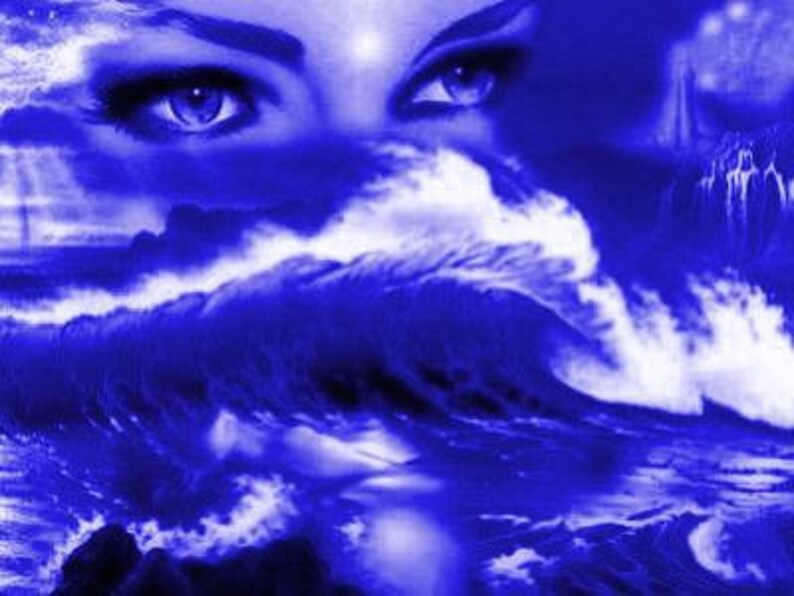 May include: A digital art piece featuring a woman's eyes overlaid on a blue ocean scene. The image has a surreal quality, with the eyes appearing to gaze out from the waves. The color palette is dominated by shades of blue and white.
