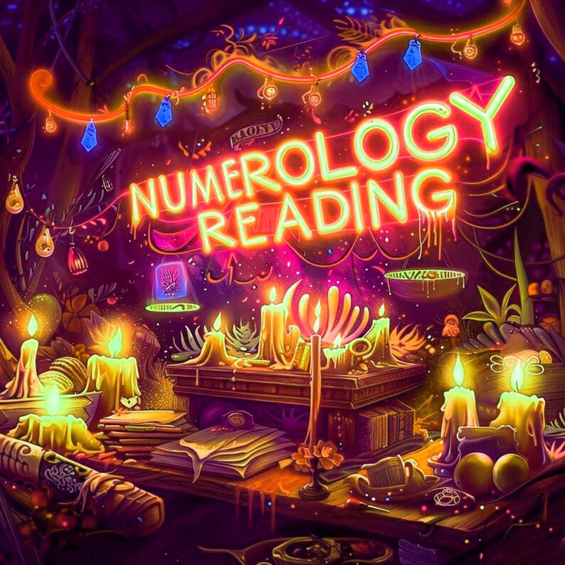 May include: A vibrant illustration featuring a neon sign that reads "Numerology Reading." The scene is illuminated by numerous lit candles, creating a mystical atmosphere. Books and decorative items are arranged on a wooden table.