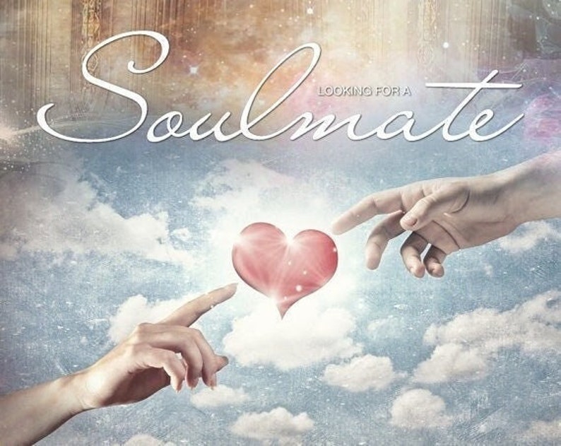May include: An artistic image with the word "Soulmate" in elegant script. The image features two hands reaching towards a glowing, heart-shaped object. The background is a dreamy sky with clouds.