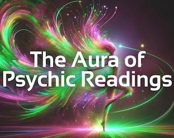 May include: A digital illustration featuring a silhouette of a figure in motion surrounded by swirling neon green, pink, and purple light trails. The text "The Aura of Psychic Readings" is displayed in bold white letters across the center of the image.