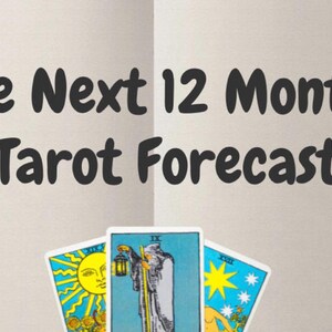 May include: Image features three tarot cards with a light background. The text "The Next 12 Months Tarot Forecast" is displayed in a bold, black font above the cards. The cards have colorful illustrations, including a sun, a figure with a lantern, and stars.