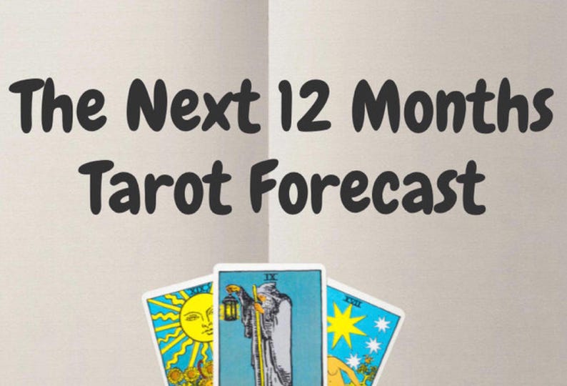 May include: Image features three tarot cards with a light background. The text "The Next 12 Months Tarot Forecast" is displayed in a bold, black font above the cards. The cards have colorful illustrations, including a sun, a figure with a lantern, and stars.