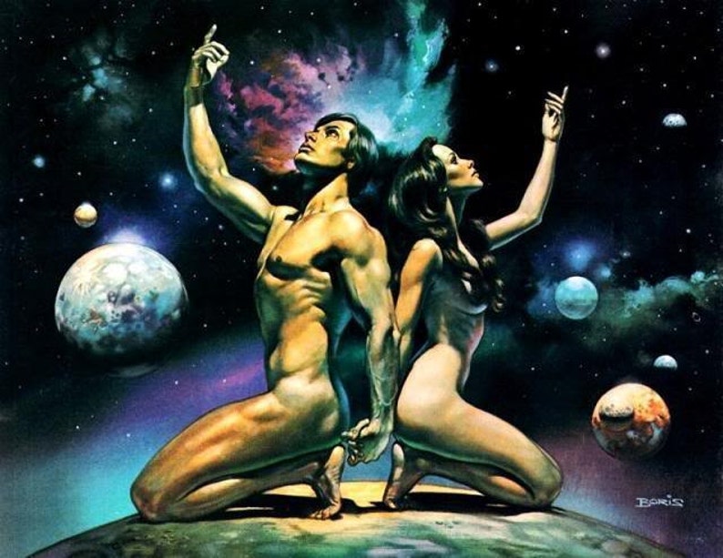 May include: An illustration of a man and woman kneeling on a planet, gazing upward with arms raised towards a starry galaxy. The artwork features a retro sci-fi aesthetic with vibrant colors and celestial bodies.