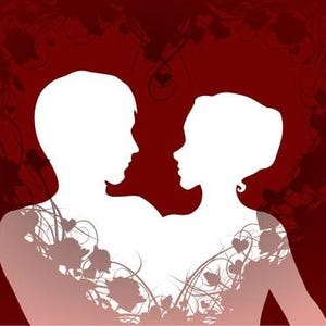 May include: A romantic illustration featuring white silhouettes of a couple facing each other, set against a deep red background. Floral and heart-shaped accents adorn the figures, with a heart-shaped floral design in the background.