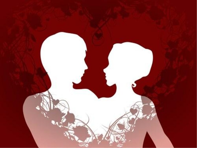 May include: A romantic illustration featuring white silhouettes of a couple facing each other, set against a deep red background. Floral and heart-shaped accents adorn the figures, with a heart-shaped floral design in the background.