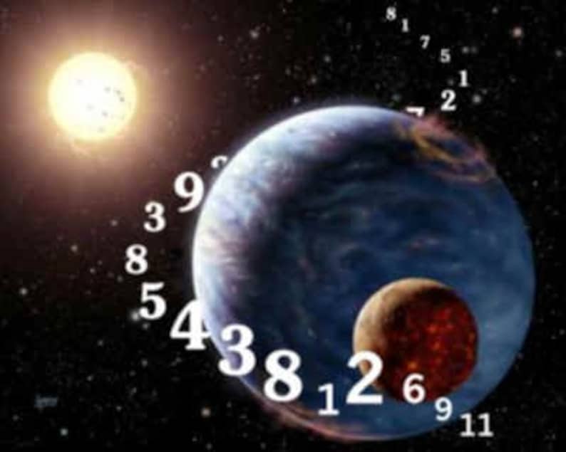 May include: An artistic depiction of a celestial scene featuring a bright sun, a blue and purple planet, and a smaller red planet. White numbers encircle the planets, set against a starry background.