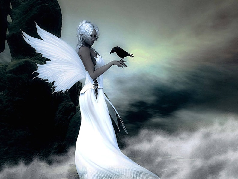 May include: Digital art of a fantasy figure with white hair, wings, and a flowing white dress. A black bird perches on the figure's hand. The background features a dark, cloudy sky and a rocky landscape, creating a mystical atmosphere.