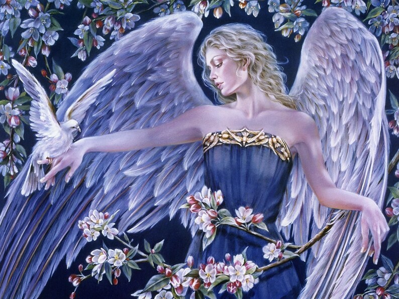 May include: A painting of an angel with large white wings, wearing a blue dress with gold trim. The angel holds a white dove and is surrounded by flowering branches against a dark background.