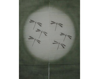 traditional linen noren, door way curtain. dragonflies in the full moon on green (AA129G) 35&quot;W x 59&quot;L