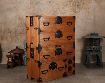 Antique Kiri Wood Kimono Tansu: Japanese Chest with Jo-Kanagu Hardware