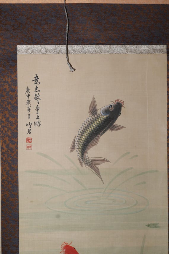 Vintage Japanese Painting, Scroll. Jumping Carp(24n-j21-7