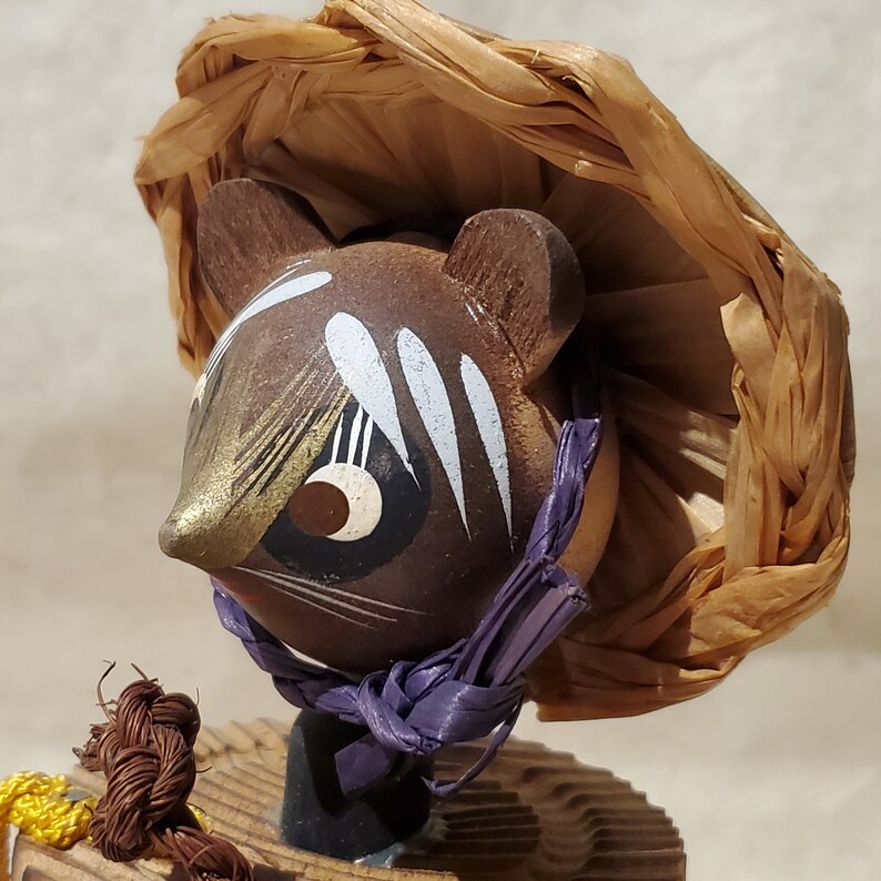 Wooden tanuki statue Japanese raccoon vintage artwork