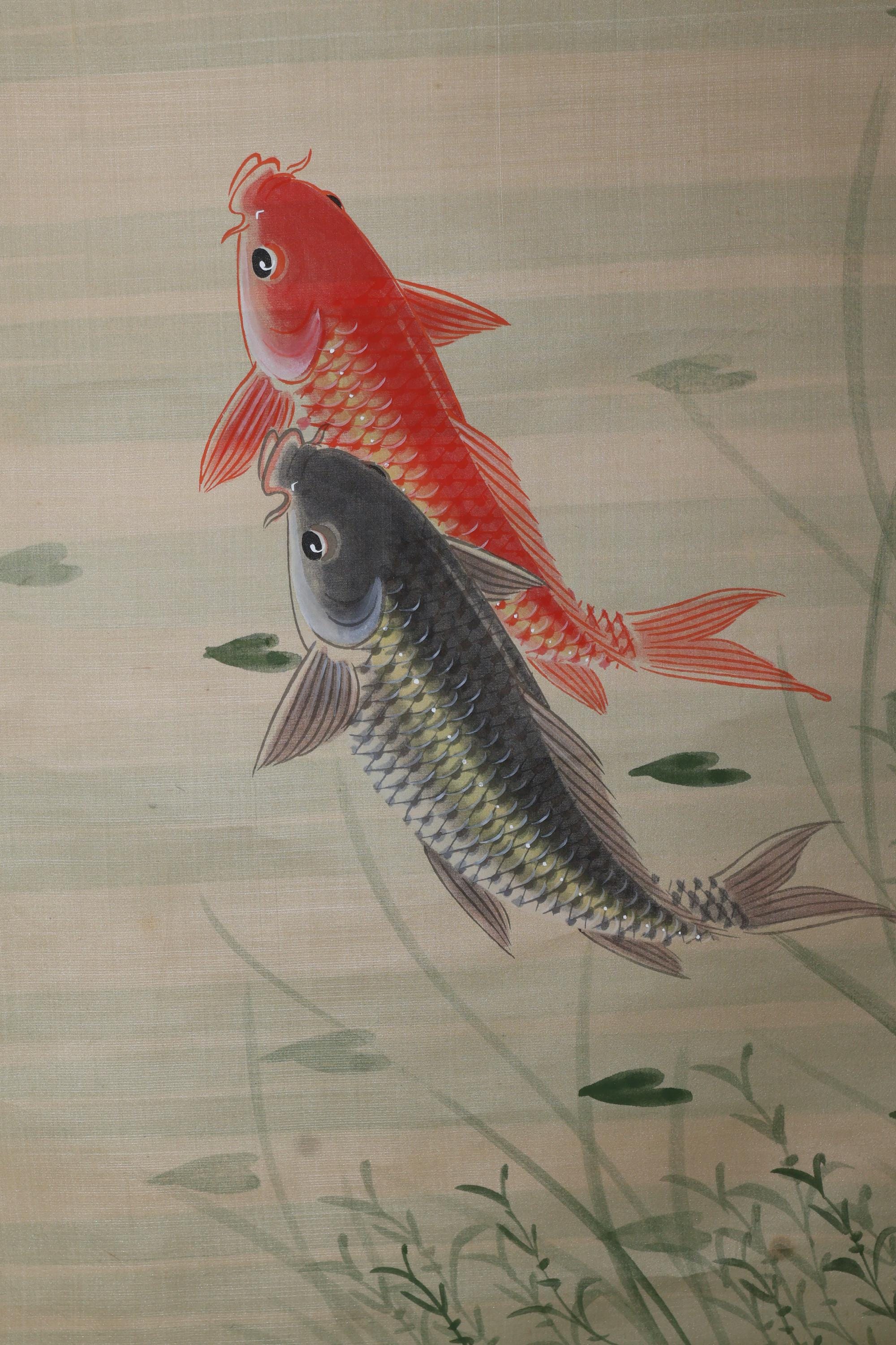 絵画 jamping Vintage Japanese Painting, Scroll. Jumping Carp(24n-j21-7