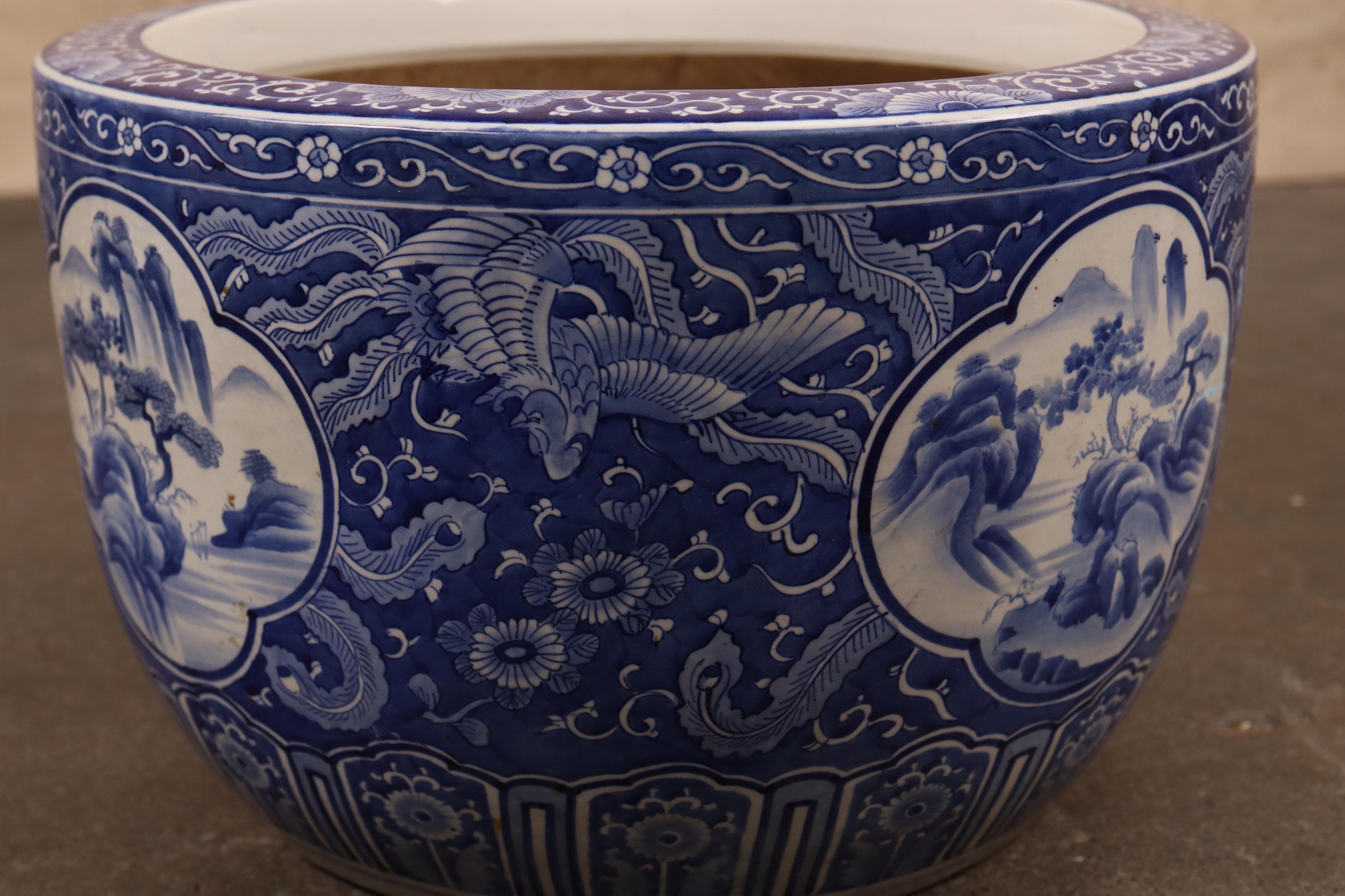Antique Japanese Hibachi, Blue and White Phoenix in Flight (24N