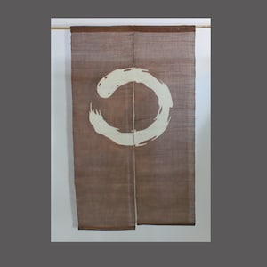 traditional linen noren, door way curtain. brush circle on brown (AS11) 35"W x 59"L