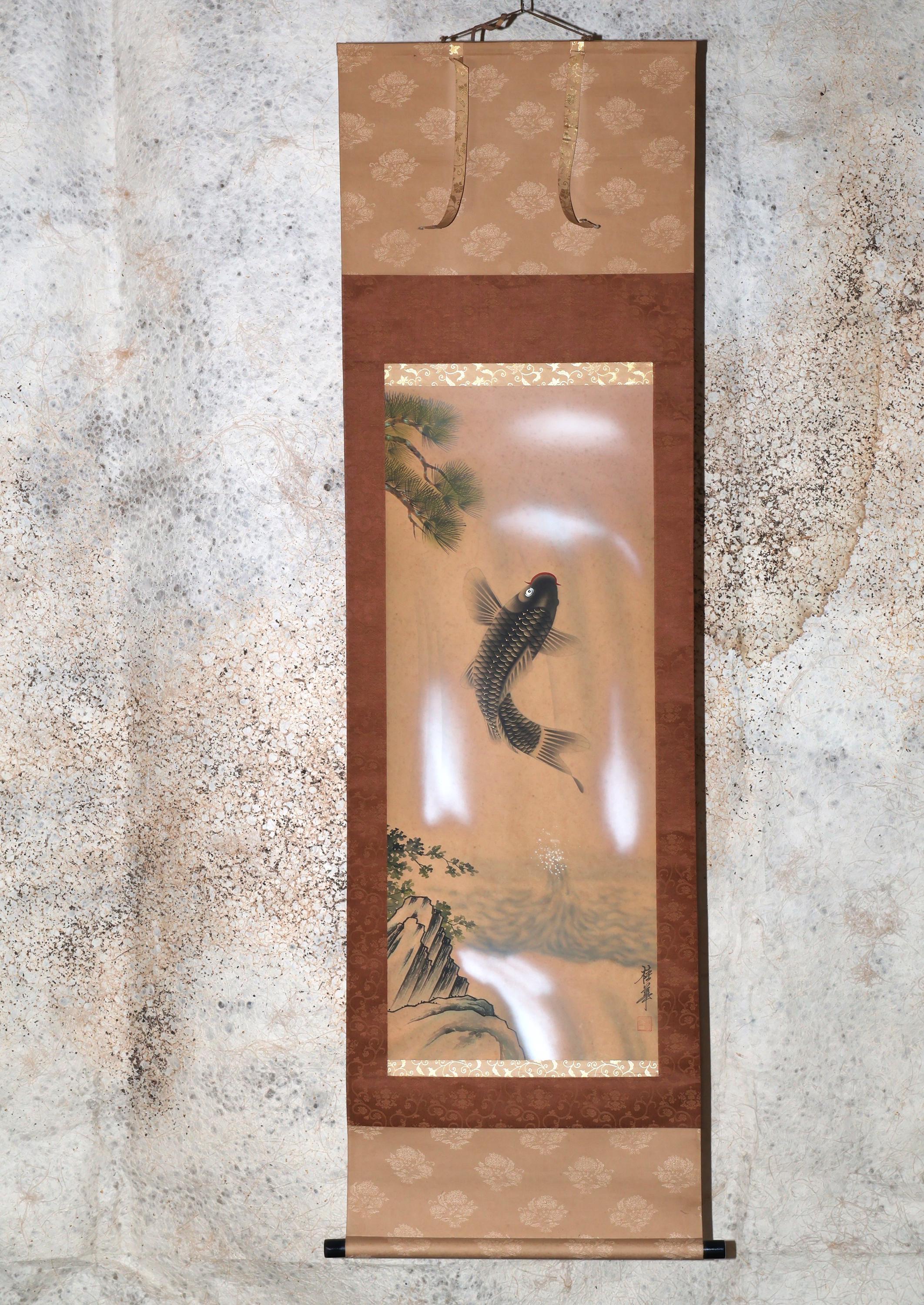 絵画 jumping spring Vintage Japanese Painting, Scroll. Jumping Carp(24n-j21-6) - Etsy