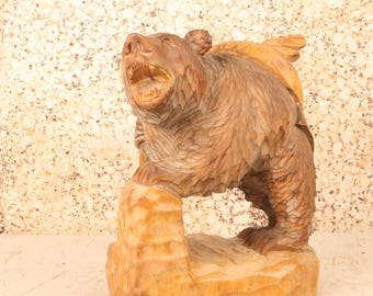 Vintage Japanese Hokkaido Ainu Kuma Bear Wood Sculpture with Salmon, Late Showa (1966-1989) | SKU: 26M-751-4
