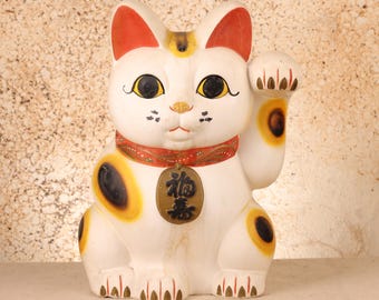 ヴィンテージ日本の招き猫 - 粘土、1980年、昭和時代 (SKU: 25S-793-4