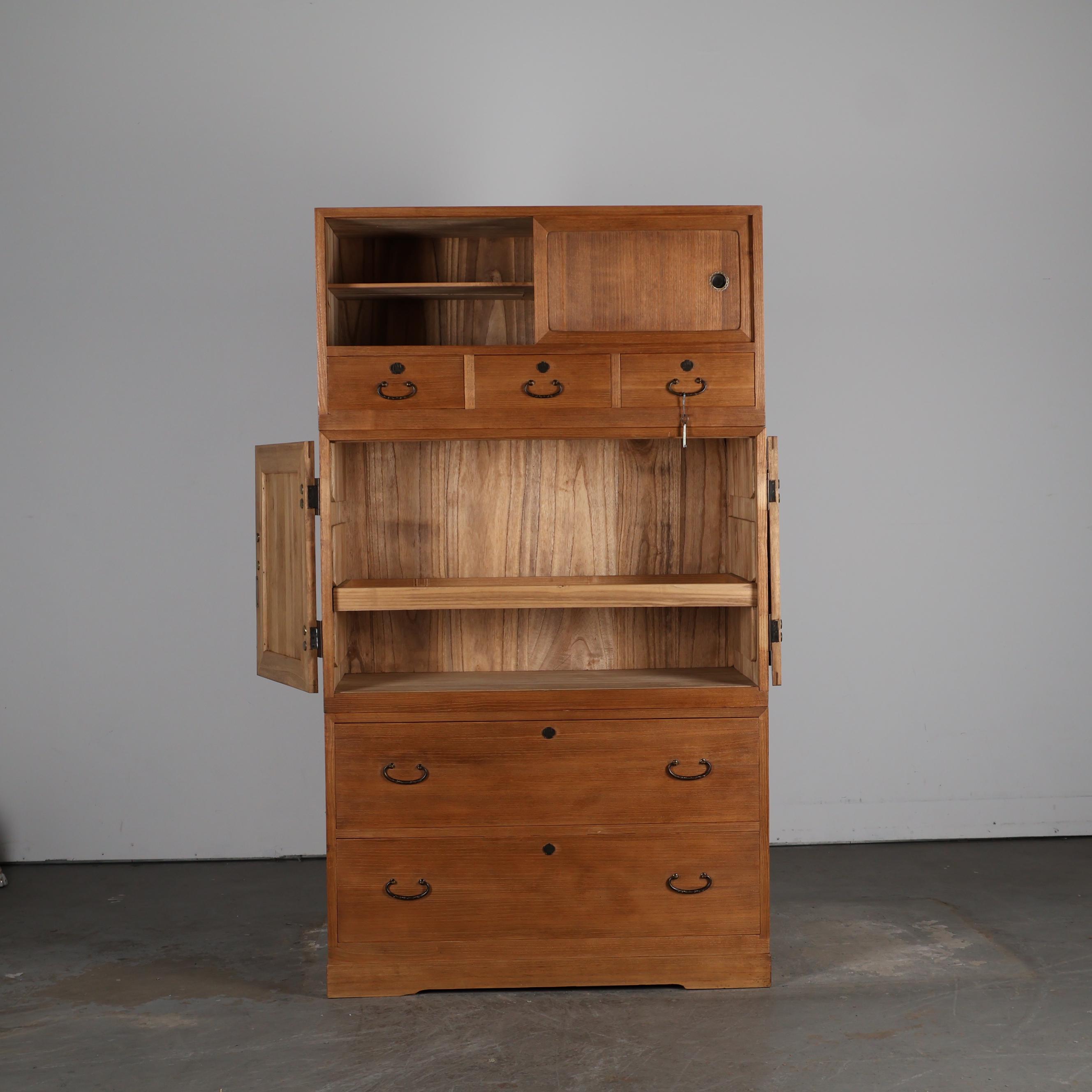 Antique Japanese Three Section Kiri Wood Kimono Tansu Chest, 1920s