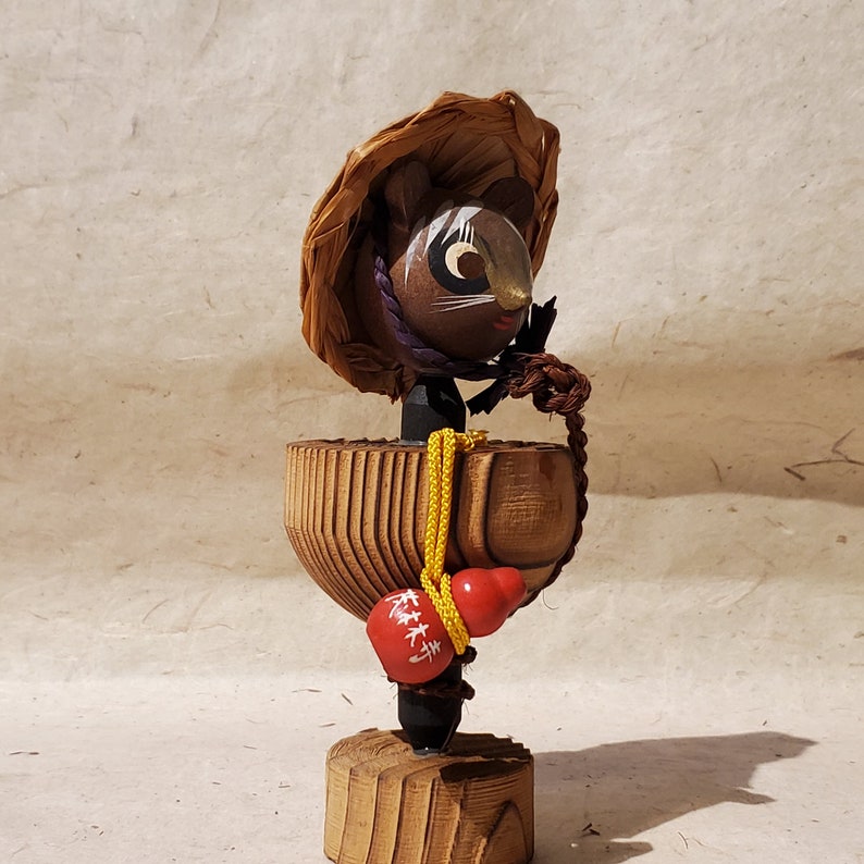 Wooden tanuki statue Japanese raccoon vintage artwork