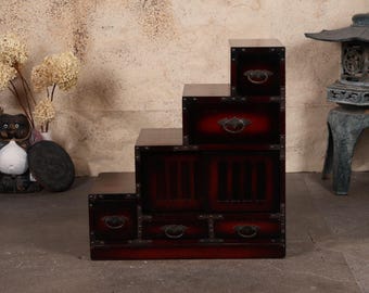 Antique Japanese Kaidan Tansu Step Chest: Showa Era Wood Cabinet (25S-G439)