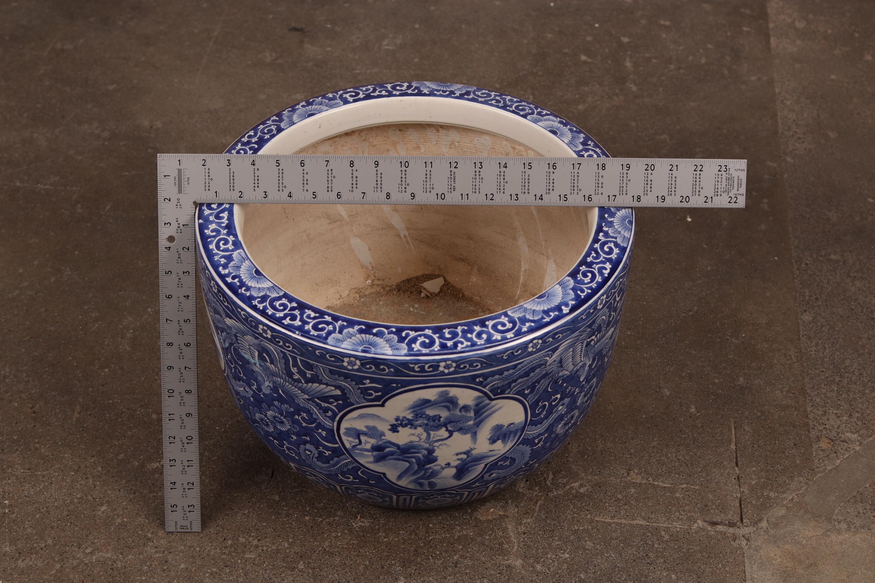 Antique Japanese Hibachi, Blue and White Phoenix in Flight (24N