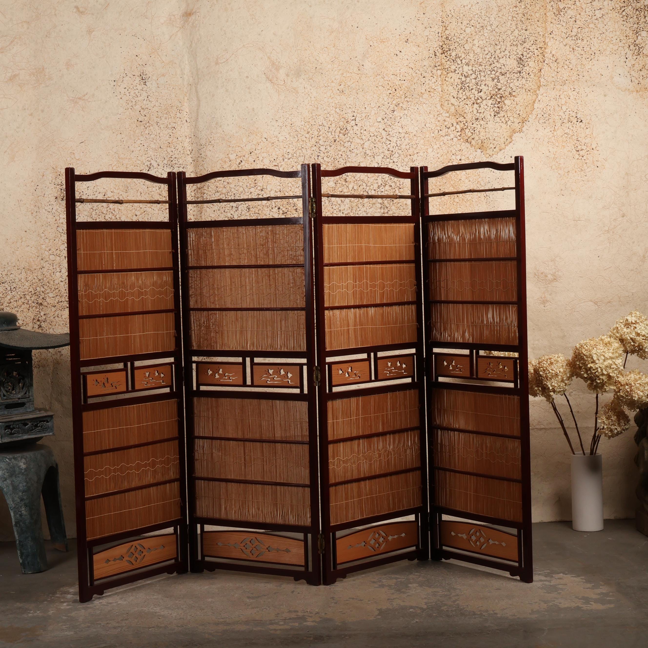 Vintage Japanese Tsuitate Four-panel Folding Screen, Late Showa