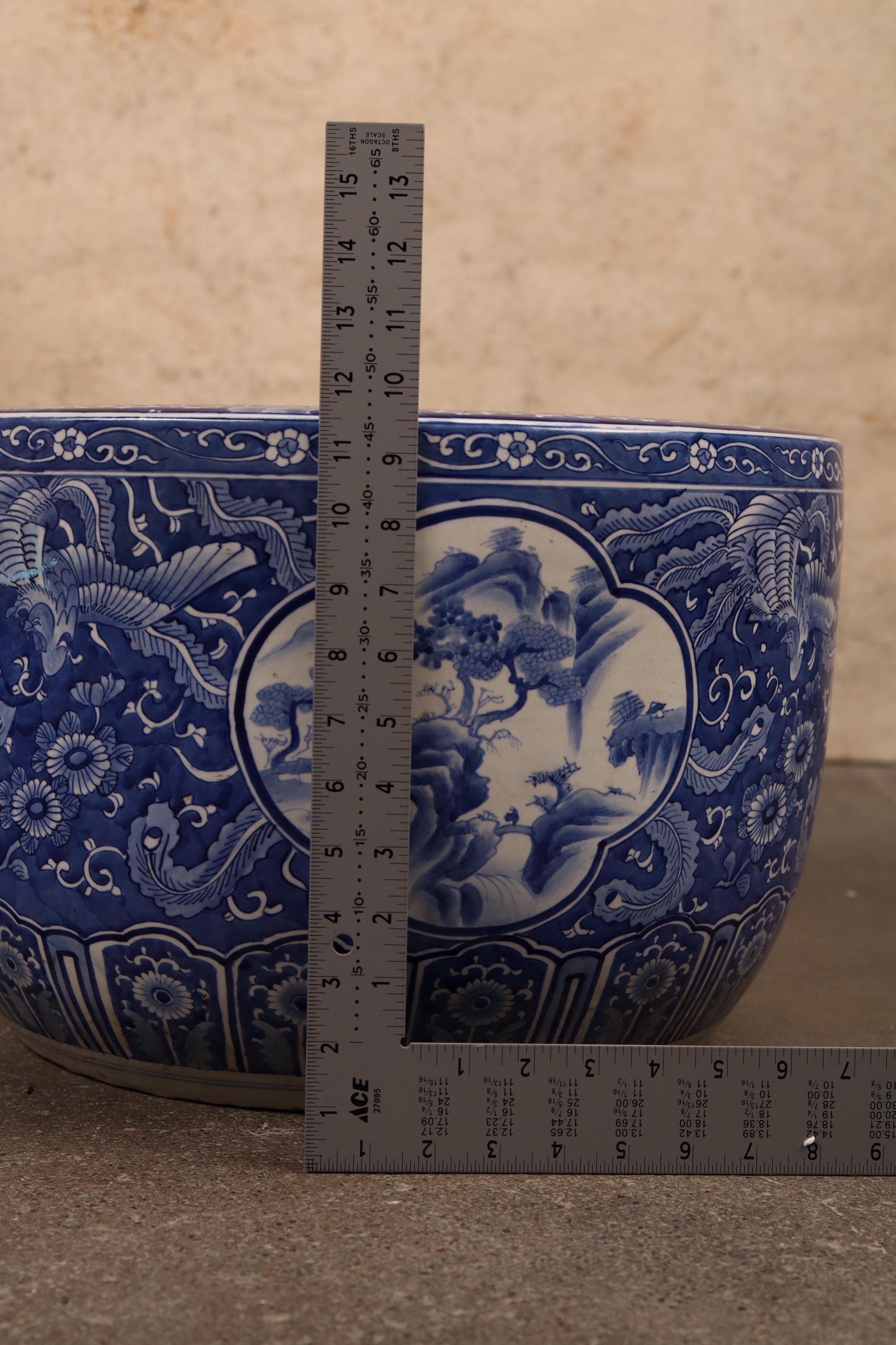 Antique Japanese Hibachi, Blue and White Phoenix in Flight (24N